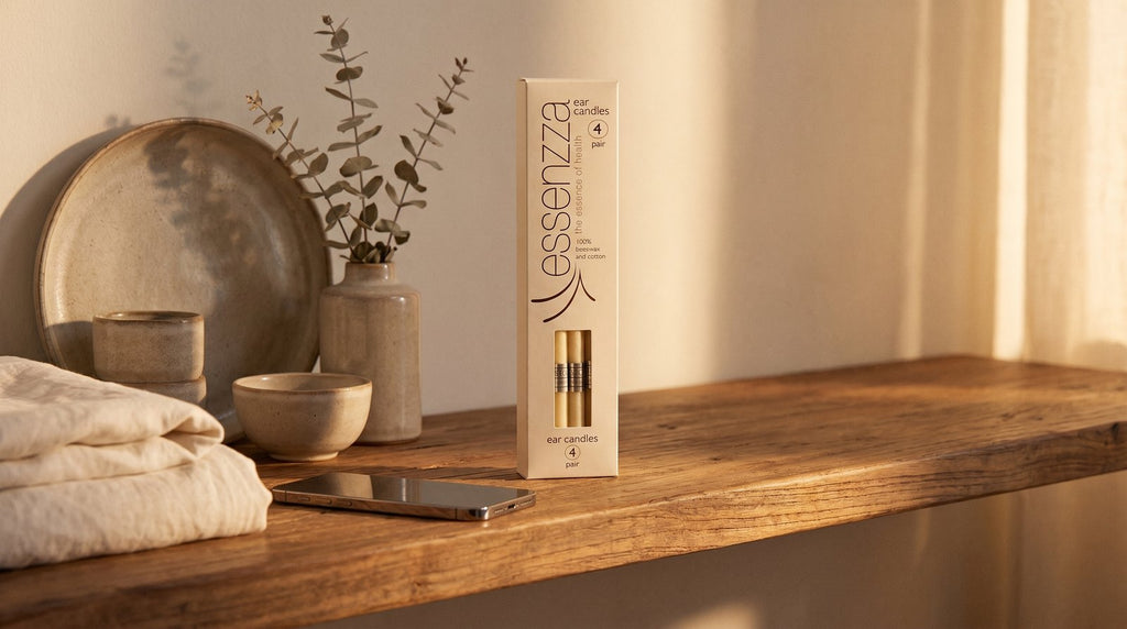 Essenzza Original ear candles on a styled shelf — screen-free 12-minute self-care ritual