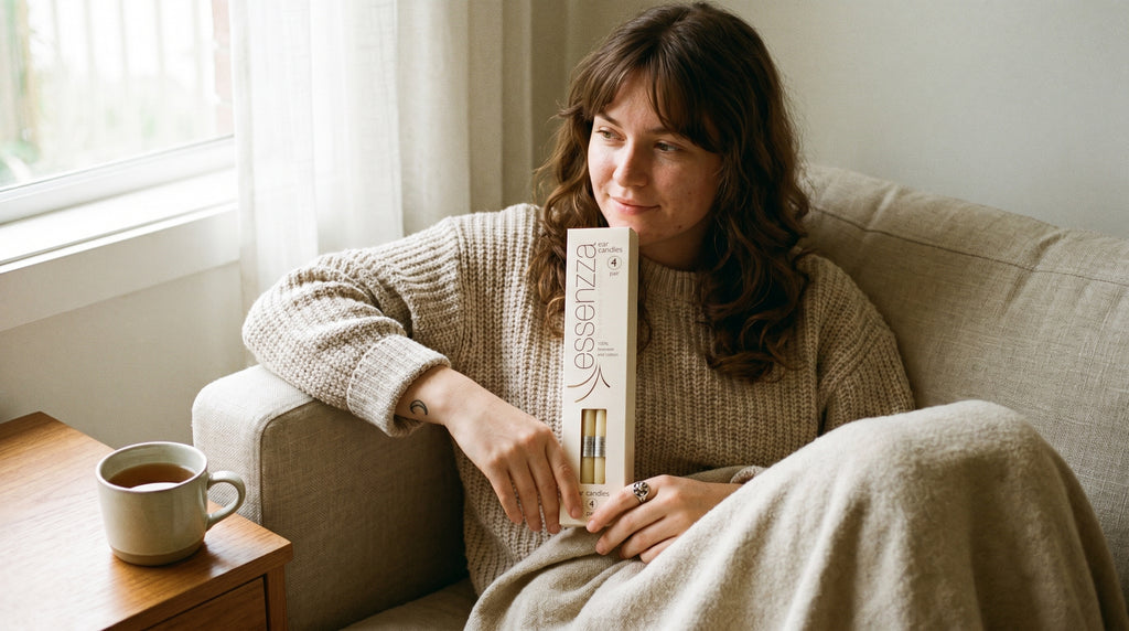 Essenzza Original ear candles held under a cosy blanket — a comforting cold & flu season slow-down ritual