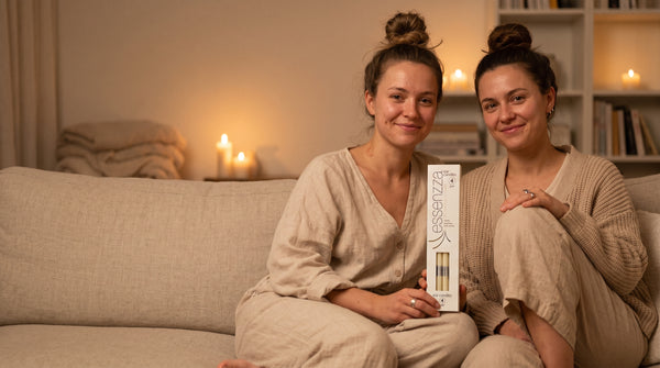 Essenzza Original ear candles held by two friends — a shared, screen-free relaxation ritual to do together
