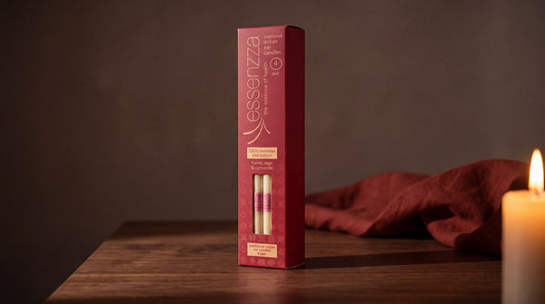 Essenzza Traditional Indian ear candles, the calico cotton range, lit by evening candlelight.