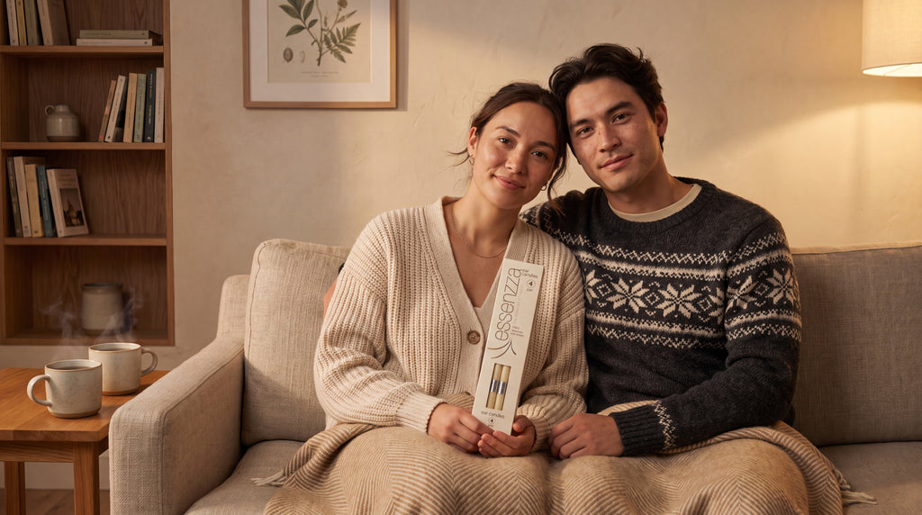 Essenzza Original ear candles — shared winter evening ritual with a rugged-up couple on the couch