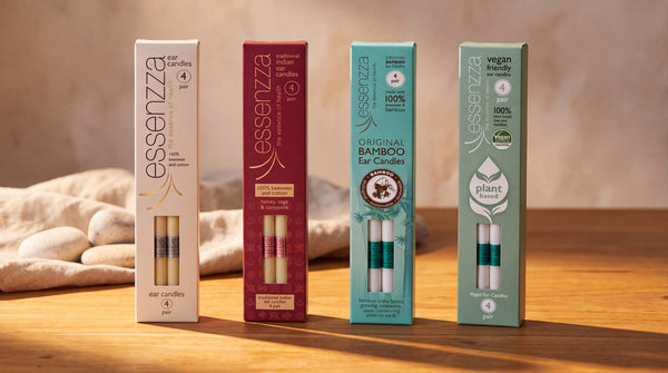 Essenzza Original, Traditional Indian, Original Bamboo and Vegan ear candle packs side by side for comparison.
