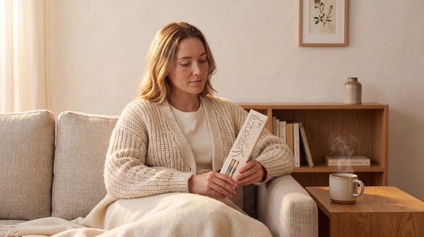 Essenzza Original ear candles — calm at-home winter evening ritual on the couch under a soft throw