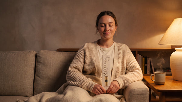 Essenzza Original ear candles — screen-free winter bedtime wind-down ritual in soft lamp light