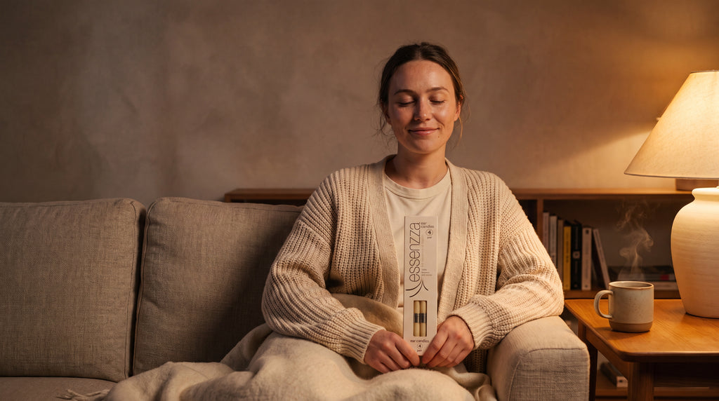Essenzza Original ear candles — screen-free winter bedtime wind-down ritual in soft lamp light